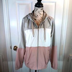 NWOT Tattoo Women's Lightweight Jacket Hooded Colorblock Gray White Pink Size L